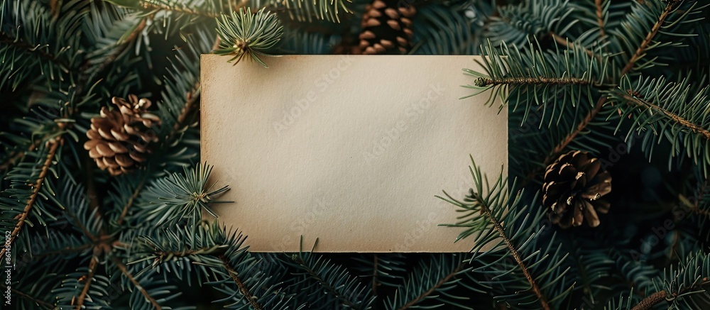 Poster Creative Christmas scene featuring a blank greeting card mock-up surrounded by Christmas tree branches in a flat lay composition. Nature-inspired New Year concept with copy space image.