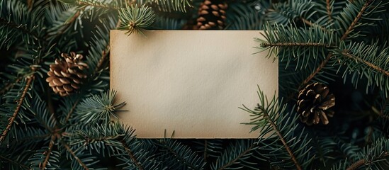 Creative Christmas scene featuring a blank greeting card mock-up surrounded by Christmas tree branches in a flat lay composition. Nature-inspired New Year concept with copy space image.