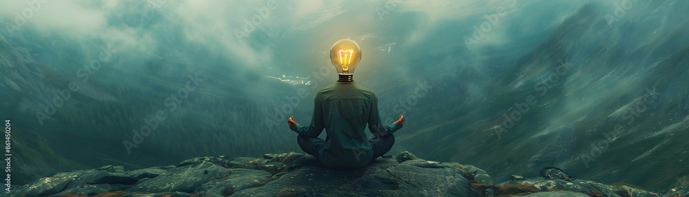 Canvas Prints Person with Light Bulb Head Meditating on Mountain Top with Breathtaking Valley View