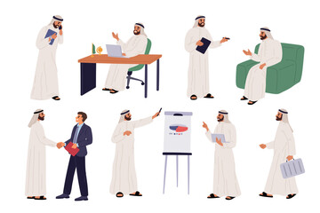 Arab man character. Businessman in different poses. Saudi guy in traditional Muslim robe. Partners meeting. Dubai office worker. Project presentation at whiteboard. Garish vector set