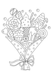 Coloring Page - Bouquet Of Sweets Is A Stress-Relief Activity For Adults And Children
