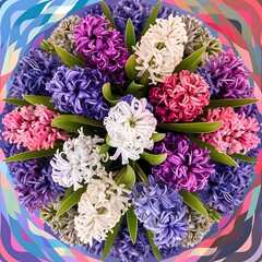Beautiful spring hyacinth flowers on color background top view