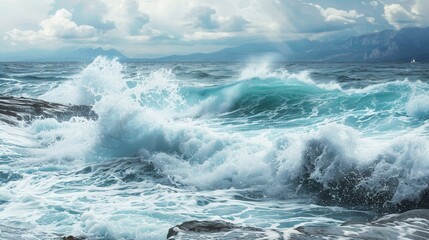 Fototapeta premium A dramatic image of powerful ocean waves crashing against picturesque rocks, creating a sense of adventure and excitement. Perfect for surf schools and adventure tourism companies. Generative AI