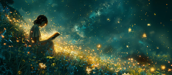 girl reading a book on the meadow; night sky in the background; concept of loosing mind in reading illustration