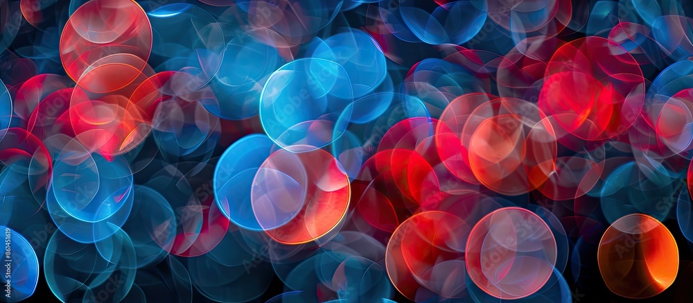 Poster Abstract colorful bokeh swirls with a red and blue lamp against a black background, creating a defocused, blurred pattern of round lights in a copy space image.