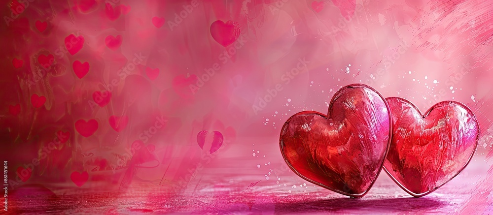 Poster Valentine's themed greeting card idea featuring two artistic hearts on a vibrant pink or red backdrop with room for additional designs in a copy space image.