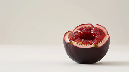 Closeup one red Mangosteen Cut Open Isolated Left Side Fresh Juicy Exotic Perfect Food Photography Healthy Natural Vibrant Tropical Vitamins Garnish Delicate Simple Minimalist Clean white Background 