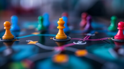 Colorful game pieces on a strategy board game, showcasing strategic planning and team play dynamics.