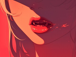 An anime depiction of a vampire with bloodstained lips and fangs, showcasing a seductive yet sinister aura, with crimson eyes and a dark, enchanting expression.