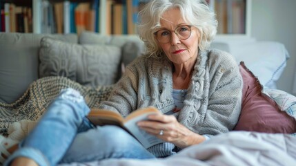 Obraz premium An elderly woman with white hair and glasses reads a book while reclining on a couch with patterned pillows. The setting is quiet and comfortable, and she looks thoughtful.