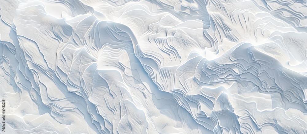 Poster Snow-covered ground with intricate patterns sculpted by the wind. A top-down view showcasing a natural snow texture, providing copy space image.