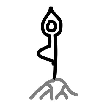 block figure feeling grounded practicing yoga tree pose rooted into the ground. Simple line art drawing