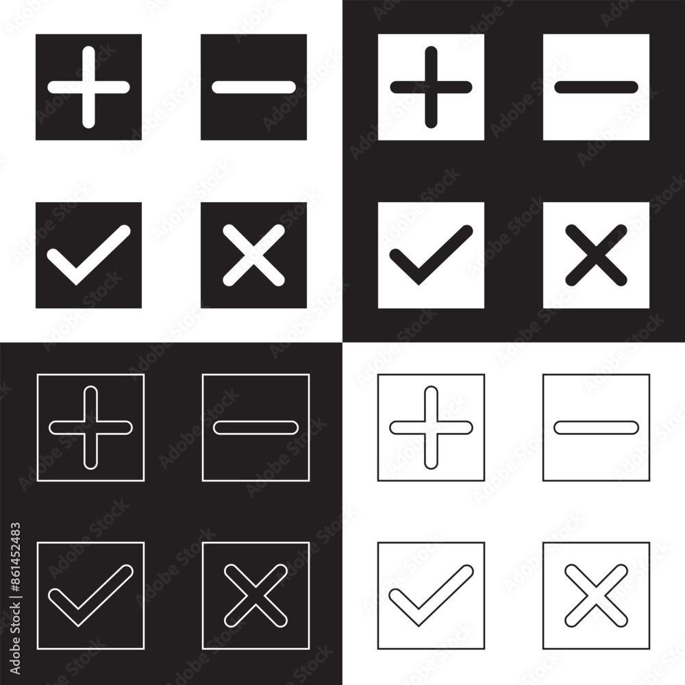 Poster check mark and cross symbol icon vector. plus and minus symbol icon on white and black background. e