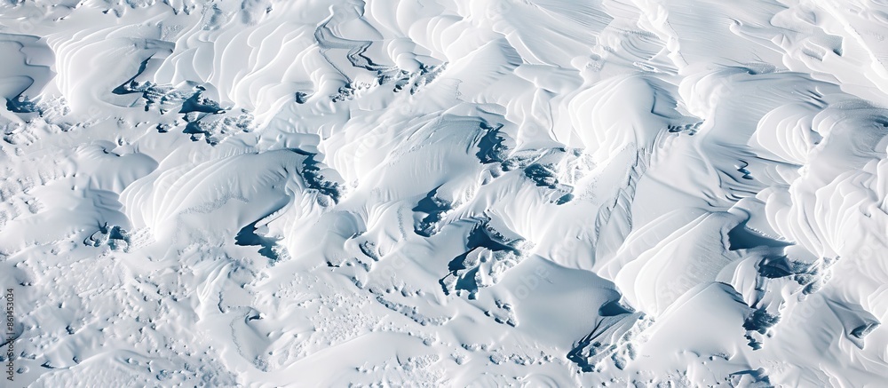 Poster Snow-covered ground with intricate patterns sculpted by the wind. A top-down view showcasing a natural snow texture, providing copy space image.