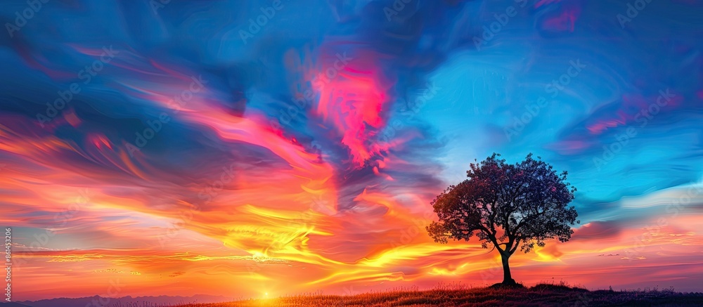 Poster Capture the serene beauty of a colorful sunset with a tree silhouette against the moving clouds in a peaceful woodland setting at dusk, ideal for adding text with a copy space image.