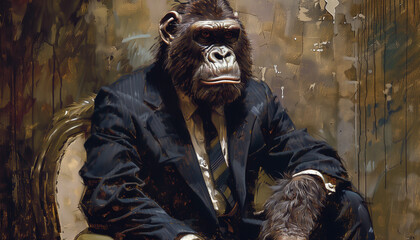 A gorilla in a suit sits regally in an opulent room, merging wild nature with refined elegance, creating a striking contrast and an air of sophisticated power