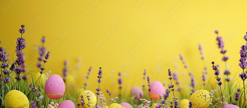 Poster Easter-themed backdrop in yellow with lavender blooms. Ample copy space image included.