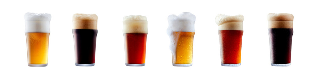 Set of beer cocktails with foam isolated on white background