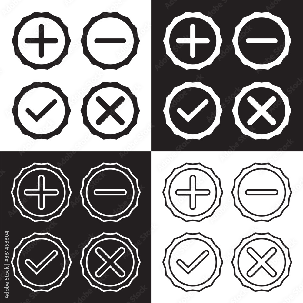 Poster check mark and cross symbol icon vector. plus and minus symbol icon on white and black background. e