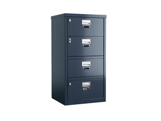 A blue metal filing cabinet with four drawers and silver handles, isolated on a black background.