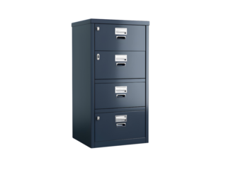 A blue metal filing cabinet with four drawers and silver handles, isolated on a black background.