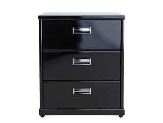 A black three-drawer file cabinet with silver handles.  The cabinet is isolated on a white background.