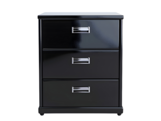 A black three-drawer file cabinet with silver handles.  The cabinet is isolated on a white background.