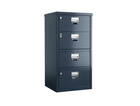 A blue metal filing cabinet with four drawers and silver handles, isolated on a black background.