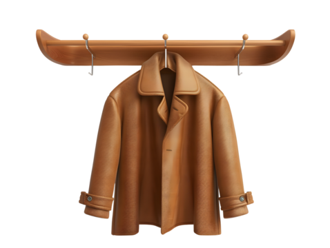 A brown leather jacket hangs on a wooden ski rack.  The jacket is on a hanger and the rack is mounted on a wall.  There are four hooks on the rack.