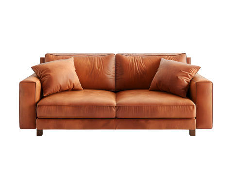 A brown leather sofa with two pillows in a minimalist setting.  The sofa is isolated on a black background.