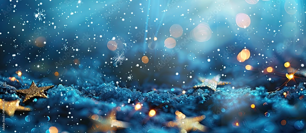 Poster a magical blue bokeh background filled with sparkling stars, falling snowflakes, and space for addit