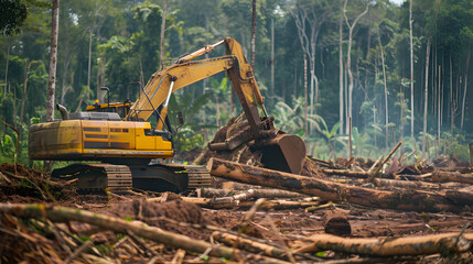 Fototapeta premium Deforestation scene with heavy machinery clearing trees in forest landscape
