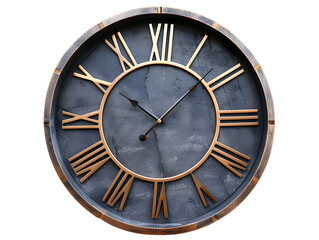 A large, antique-style clock with Roman numerals and a gray and gold face.  The hands point to 12:00.