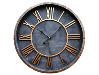 A large, antique-style clock with Roman numerals and a gray and gold face.  The hands point to 12:00.
