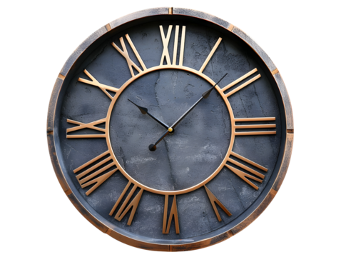 A large, antique-style clock with Roman numerals and a gray and gold face.  The hands point to 12:00.