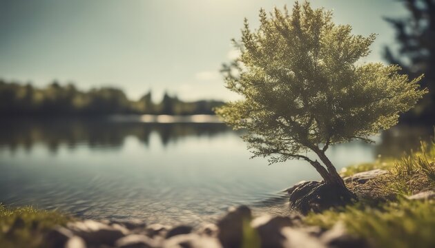 Perfect spring scene and morning meadow near the river with alone tree on the shore. Location place river Seret. Photo wallpaper. Environmental concept. Discover the beauty of earth, tree on the lake