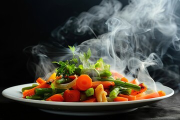 Hot steaming grilled vegetables, carrot, green bean, broccoli, pepper. Serving a white plate on wooden table desk, black wall background. Boiled food healthy meal concept. Ratatouille with smoke steam