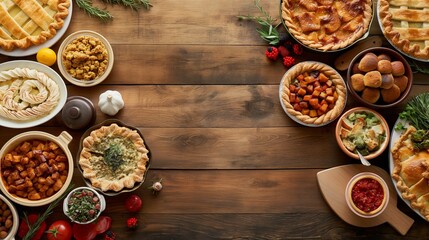 An inviting spread of diverse, home-cooked dishes on a rustic wooden background, symbolizing warmth, comfort, and tradition reflecting familial love.