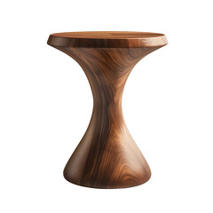 A sleek, modern wooden stool with a unique hourglass shape.  The rich brown wood grain adds a touch of natural beauty.