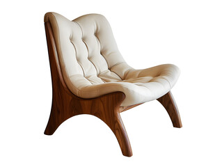 A white leather armchair with a wooden frame. The chair has a unique design with a curved back and a wide seat.  It is a comfortable and stylish piece of furniture.