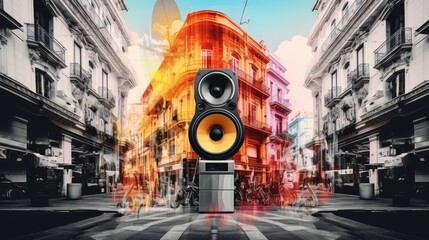 Dynamic cityscape collage with speaker  vibrant street view and colorful abstracts in photomontage