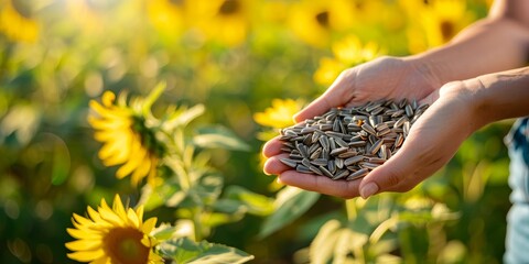A farmer holds a sunflower seeds in his hands against a background of sunflower plants