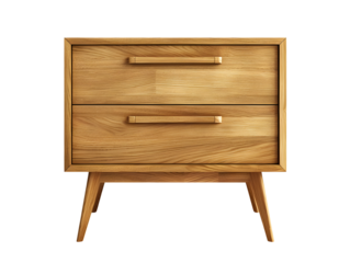 A wooden nightstand with two drawers and tapered legs.