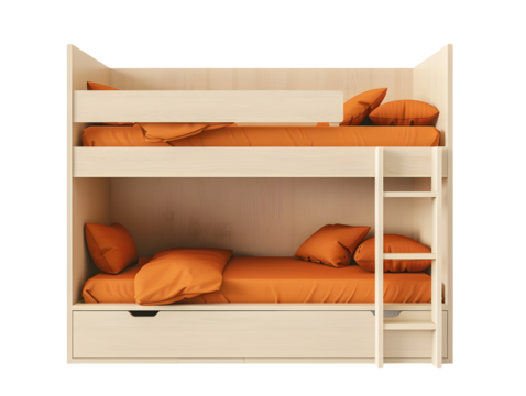 A wooden bunk bed with orange bedding and a ladder on the side. The bottom bunk has a storage drawer.