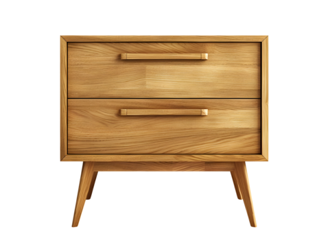 A wooden nightstand with two drawers and tapered legs.
