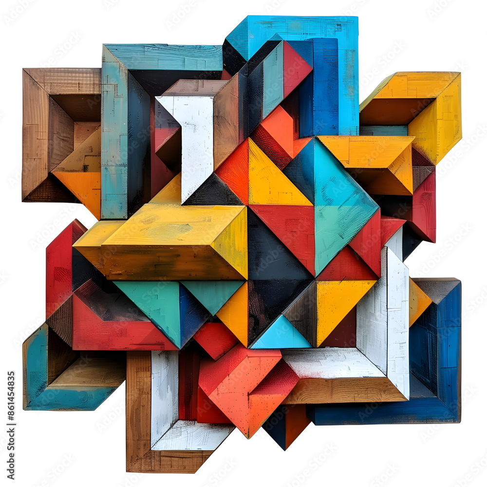 Poster abstract geometric art with colorful wooden blocks, creating a visually captivating and complex comp