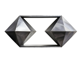 Abstract geometric shape composed of two silver pyramids connected by a thin bar.  A modern minimalist design.