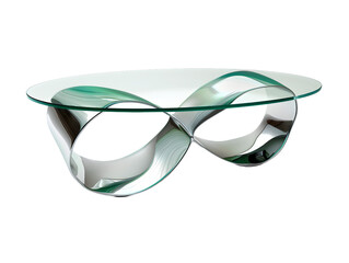 Abstract glass coffee table with a unique, flowing design. The table top appears to be floating above the base.
