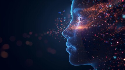 Glowing hologram of human face 3D model with dark background.