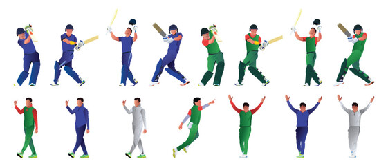 Set of batsman and baller playing cricket on the field in a colorful background illustration